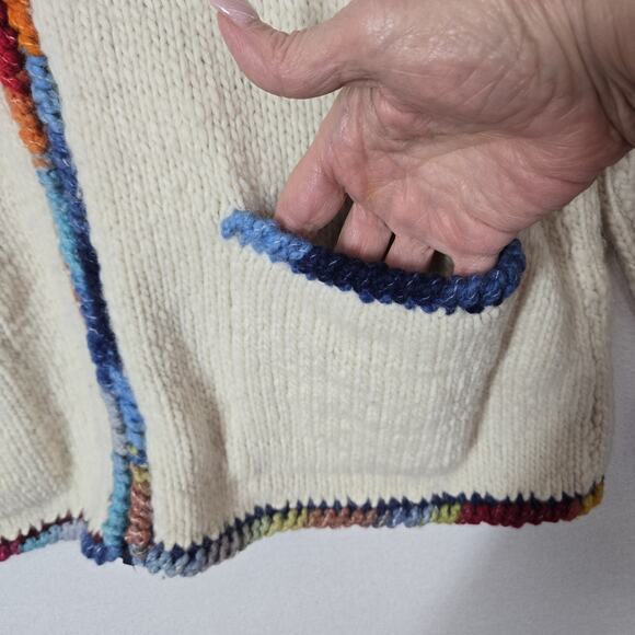 The Sweater Venture Hand Knit Wool Alpaca Cardigan Ivory Multi Fringe Zip Front - Picture 6 of 15